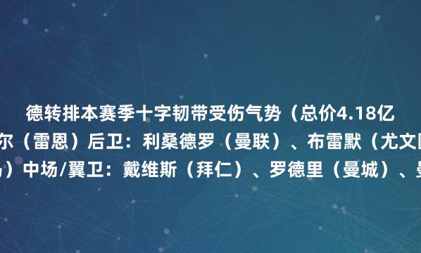 德转排本赛季十字韧带受伤气势（总价4.18亿欧）：门将：阿莱姆达尔（雷恩）后卫：利桑德罗（曼联）、布雷默（尤文图斯）、米利唐（皇马）中场/翼卫：戴维斯（拜仁）、罗德里（曼城）、曼加拉（埃弗顿） 、卡瓦哈尔（皇马）、普吉（洛杉矶星河）前卫：热苏斯（阿森纳）、伊卡尔迪（加拉塔萨雷）    体育赛事直播