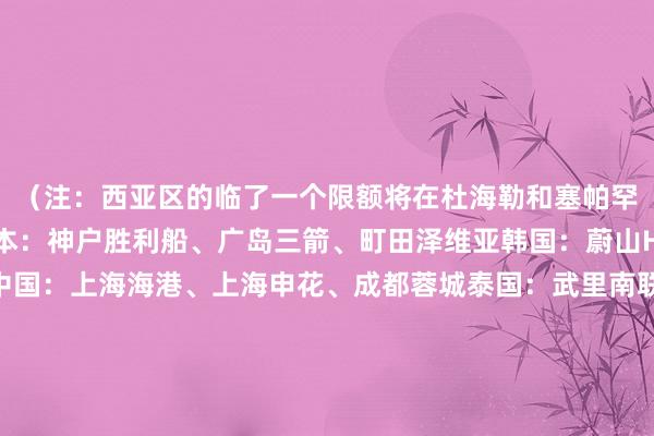 （注：西亚区的临了一个限额将在杜海勒和塞帕罕之间产生）东亚区日本：神户胜利船、广岛三箭、町田泽维亚韩国：蔚山HD、江原FC、首尔FC中国：上海海港、上海申花、成都蓉城泰国：武里南联澳大利亚：墨尔本城马来西亚：柔佛新山西亚区沙特：吉达国民、吉达皆集、利雅得月牙阿联酋：迪拜后生国民、沙迦、阿布扎比和洽卡塔尔：萨德、加拉法伊朗：大不里士依稀机乌兹别克斯坦：纳萨夫伊拉克：巴格达考察西亚区附加赛杜海勒vs塞帕罕 北京工夫8月13日0:00    体育赛事直播