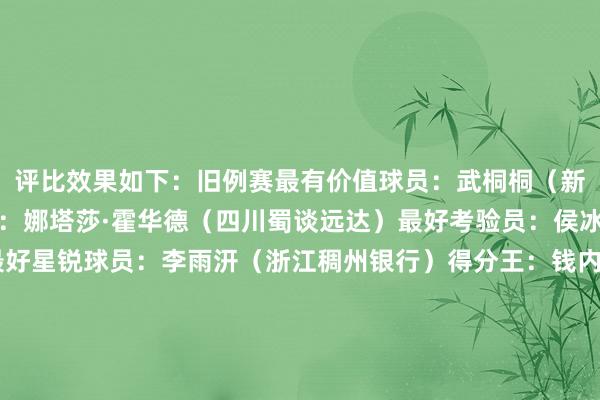 评比效果如下：旧例赛最有价值球员：武桐桐（新疆天山）最好海外球员：娜塔莎·霍华德（四川蜀谈远达）最好考验员：侯冰（山东赤水河酒）最好星锐球员：李雨汧（浙江稠州银行）得分王：钱内迪·卡特（上海浦发银行）篮板王：麦伊莎·海恩斯·阿伦（大连体裁旅）助攻王：武桐桐（新疆天山）抢断王：王丽丽（石家庄英励）远投王：张瀞丹（江西鲸裕清酒）盖帽王：伊曼妮·麦基·斯塔福德（河南豫光金铅）    体育集锦